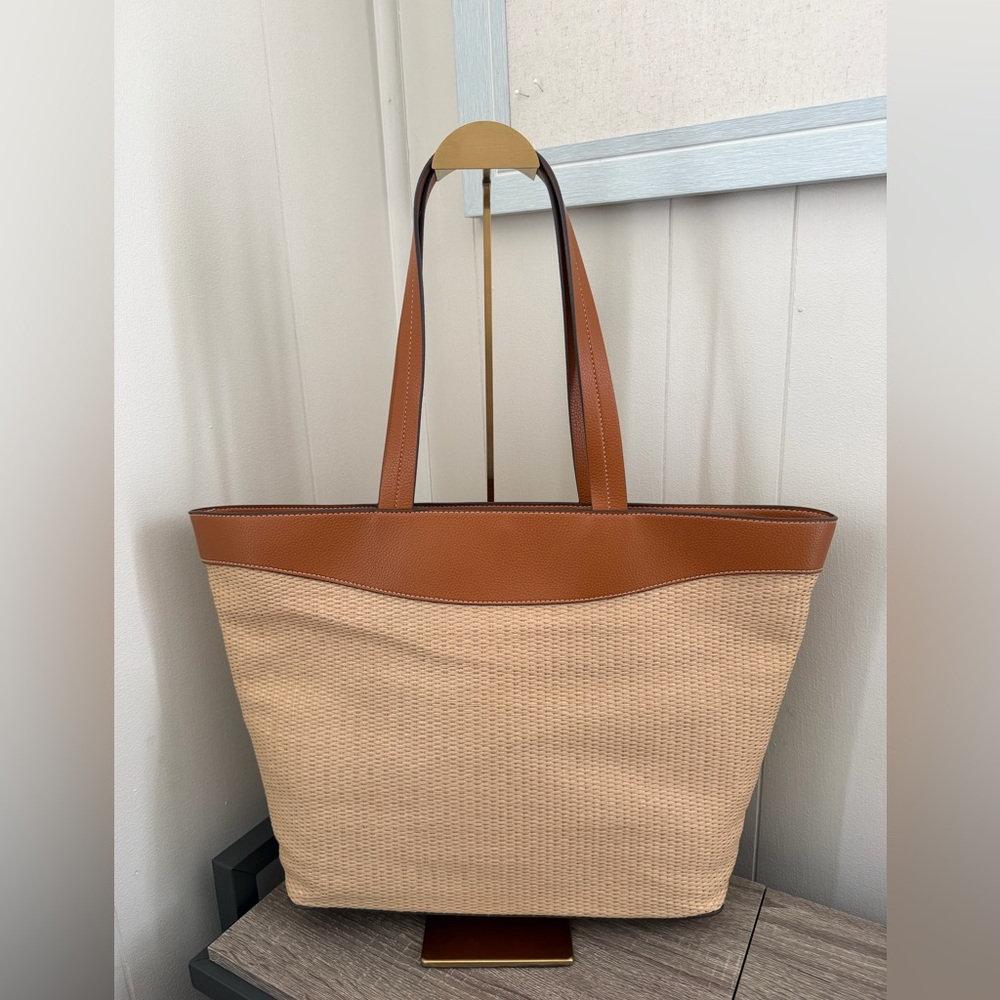 Vera Bradley Structured Straw Tote Bag with Brown Leather Trim
